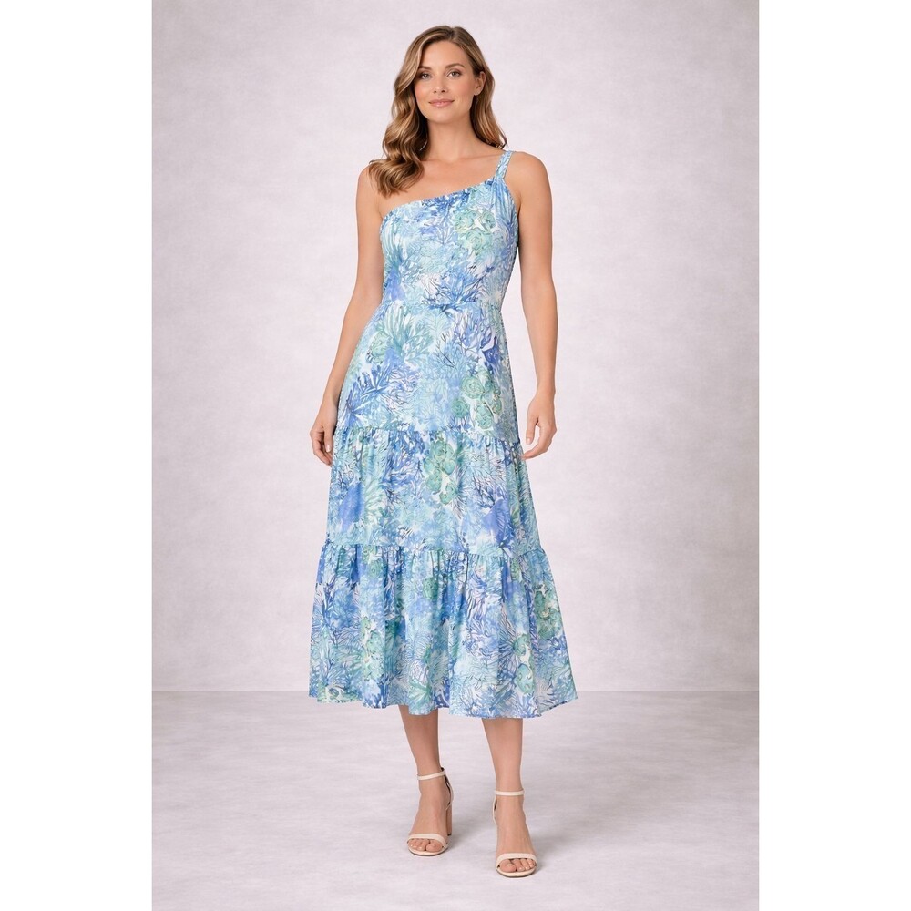 TAYLOR New Dress One Shoulder Size 4‎ Floral Maxi Blue Green Tiered #4339M